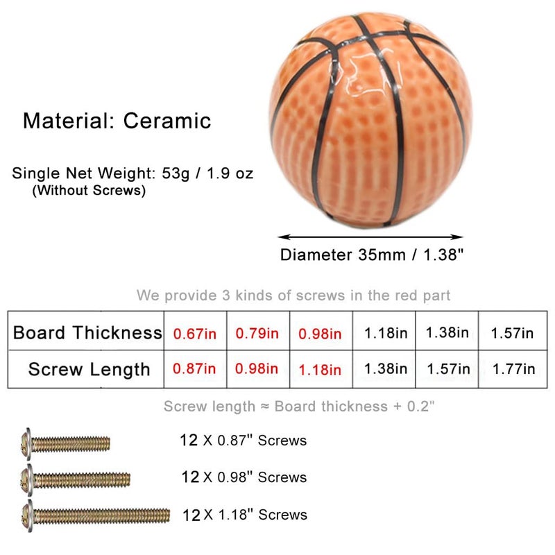 ESreake Heavy Ceramic Basketball knobs Ball Knobs, 12 Pcs Ball Sports Party Theme Children and Baby Home Decor Drawer Knob Pull Handle for Dresser Cupboard Wardrobe Cabinet Kitchen (12, Basketball-o) - Image 2